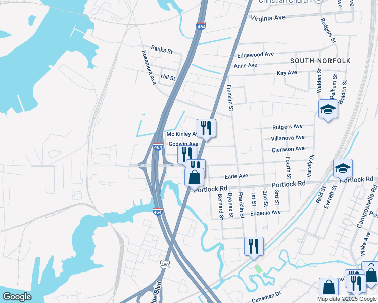 map of restaurants, bars, coffee shops, grocery stores, and more near 1005 Crowell Avenue in Chesapeake