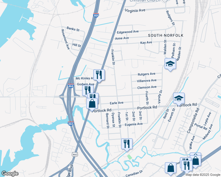 map of restaurants, bars, coffee shops, grocery stores, and more near 1204 Godwin Avenue in Chesapeake