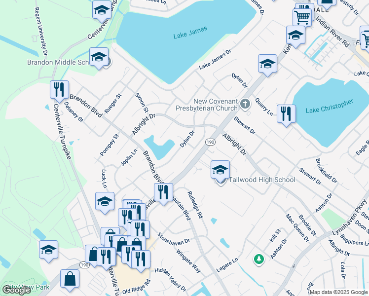 map of restaurants, bars, coffee shops, grocery stores, and more near 1668 Dylan Drive in Virginia Beach