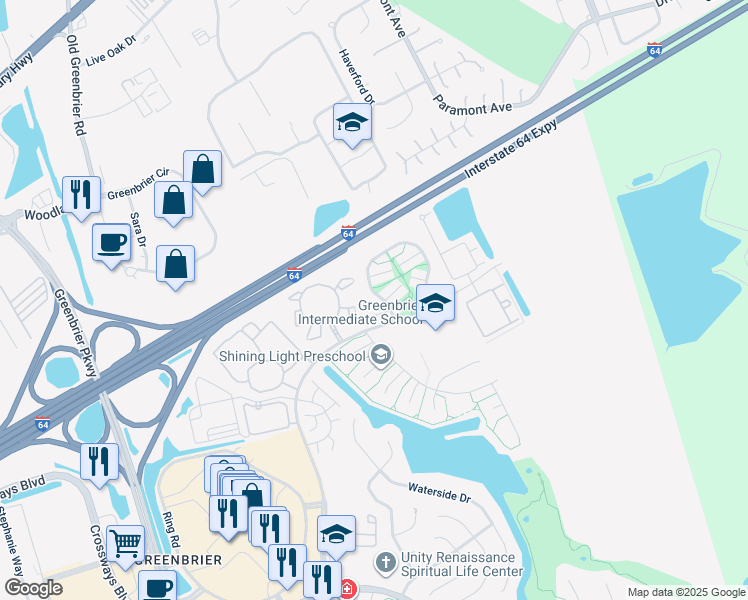 map of restaurants, bars, coffee shops, grocery stores, and more near 1820 Woodgate Arch in Chesapeake