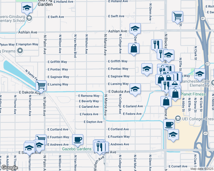 map of restaurants, bars, coffee shops, grocery stores, and more near 908 East Lansing Way in Fresno