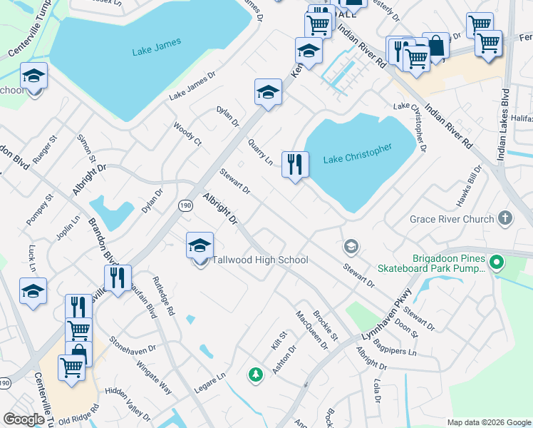 map of restaurants, bars, coffee shops, grocery stores, and more near 5524 Stewart Drive in Virginia Beach