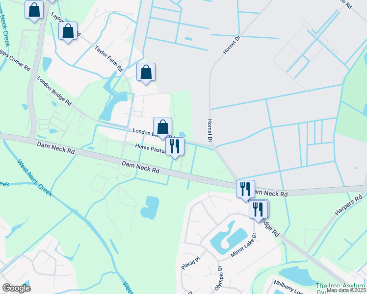 map of restaurants, bars, coffee shops, grocery stores, and more near 2536 Horse Pasture Road in Virginia Beach