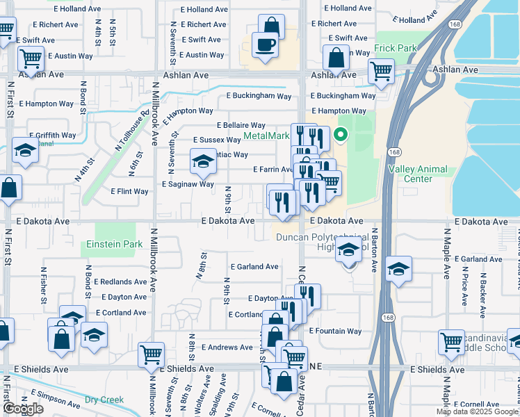 map of restaurants, bars, coffee shops, grocery stores, and more near 3847 North 10th Street in Fresno