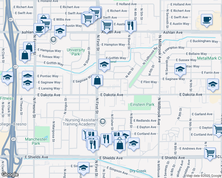 map of restaurants, bars, coffee shops, grocery stores, and more near 3244 East Lansing Way in Fresno
