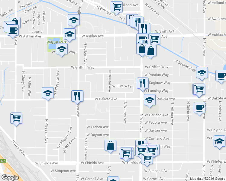 map of restaurants, bars, coffee shops, grocery stores, and more near 1634 West Lansing Way in Fresno