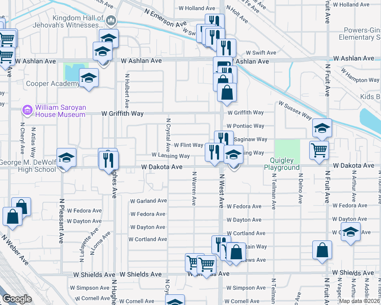 map of restaurants, bars, coffee shops, grocery stores, and more near 1514 West Lansing Way in Fresno
