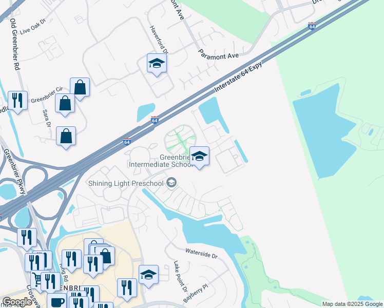 map of restaurants, bars, coffee shops, grocery stores, and more near 2049 Woodgate Arch in Chesapeake