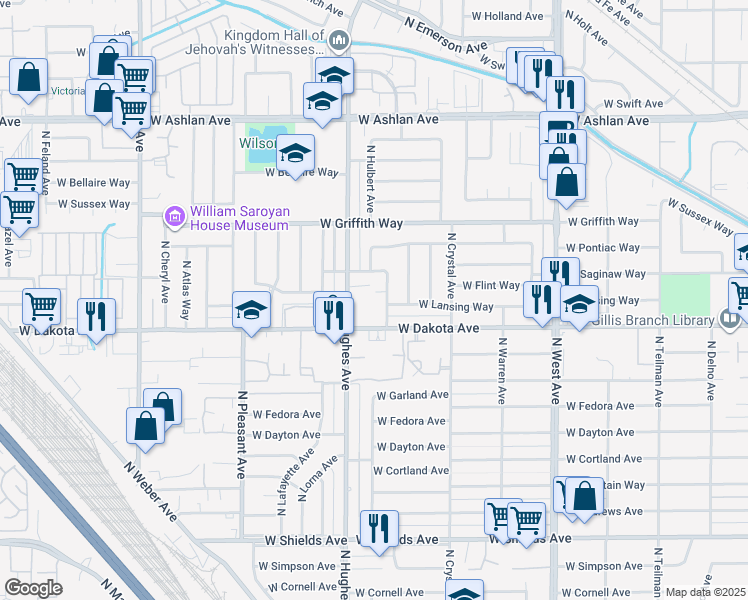 map of restaurants, bars, coffee shops, grocery stores, and more near 3848 North Hughes Avenue in Fresno