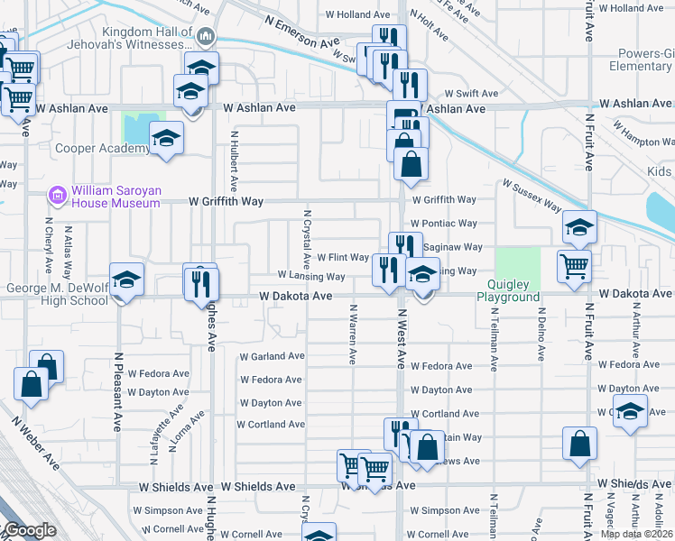 map of restaurants, bars, coffee shops, grocery stores, and more near 1514 West Lansing Way in Fresno