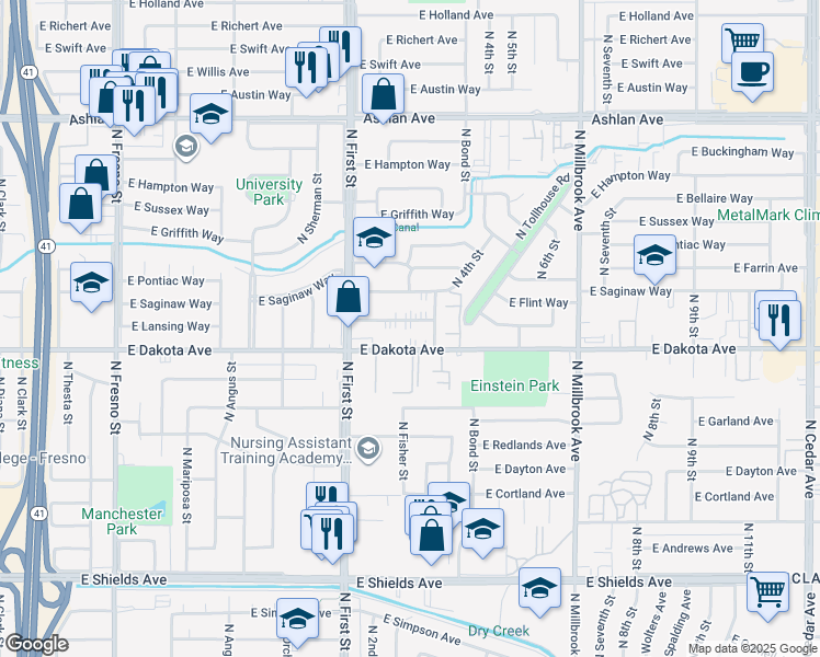 map of restaurants, bars, coffee shops, grocery stores, and more near 3244 East Lansing Way in Fresno