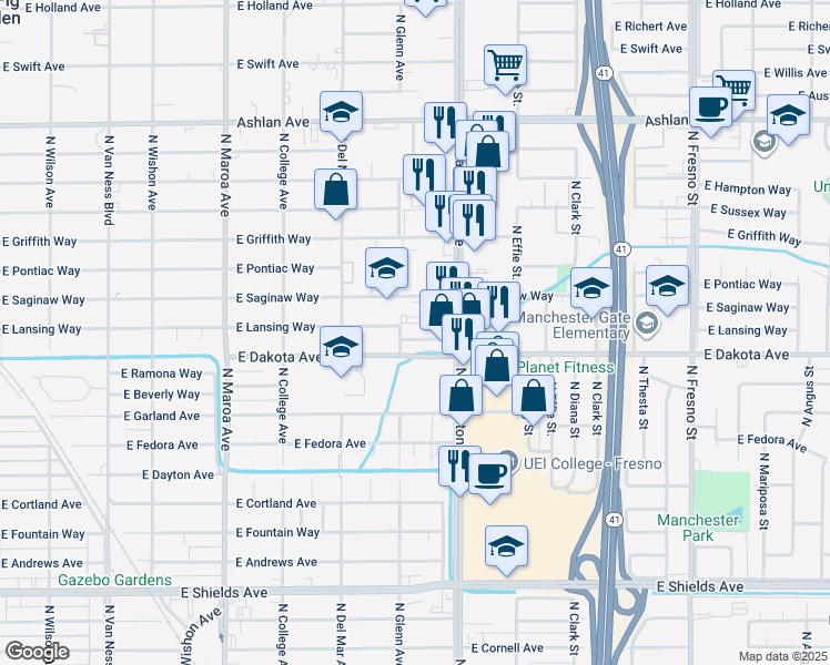 map of restaurants, bars, coffee shops, grocery stores, and more near 3845 North Blackstone Avenue in Fresno