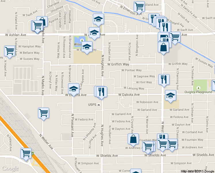 map of restaurants, bars, coffee shops, grocery stores, and more near 3848 North Hughes Avenue in Fresno