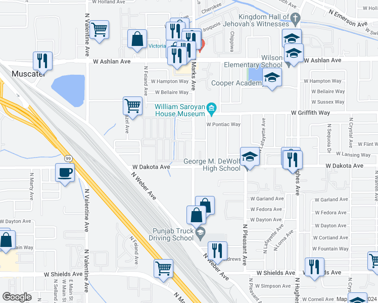 map of restaurants, bars, coffee shops, grocery stores, and more near 3456 North Marks Avenue in Fresno