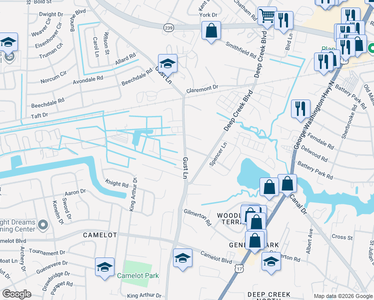 map of restaurants, bars, coffee shops, grocery stores, and more near 1340 Gust Lane in Chesapeake