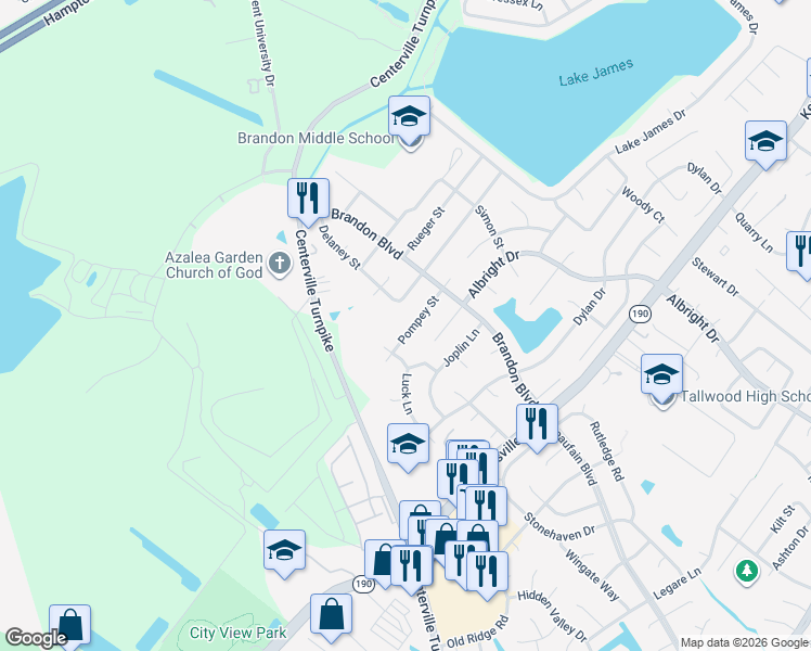 map of restaurants, bars, coffee shops, grocery stores, and more near 1739 Pompey Street in Virginia Beach