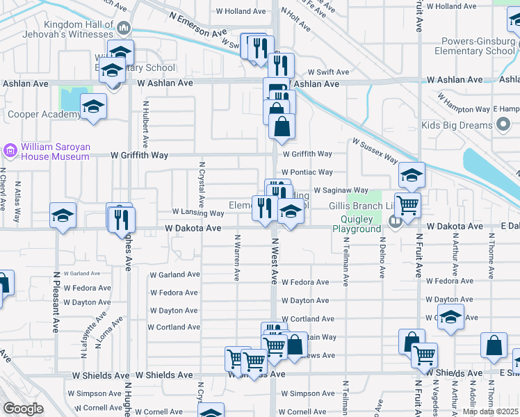 map of restaurants, bars, coffee shops, grocery stores, and more near 3854 North Manor Avenue in Fresno
