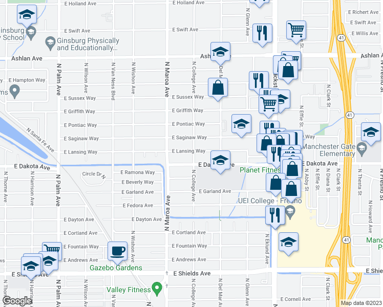 map of restaurants, bars, coffee shops, grocery stores, and more near 1048 East Lansing Way in Fresno