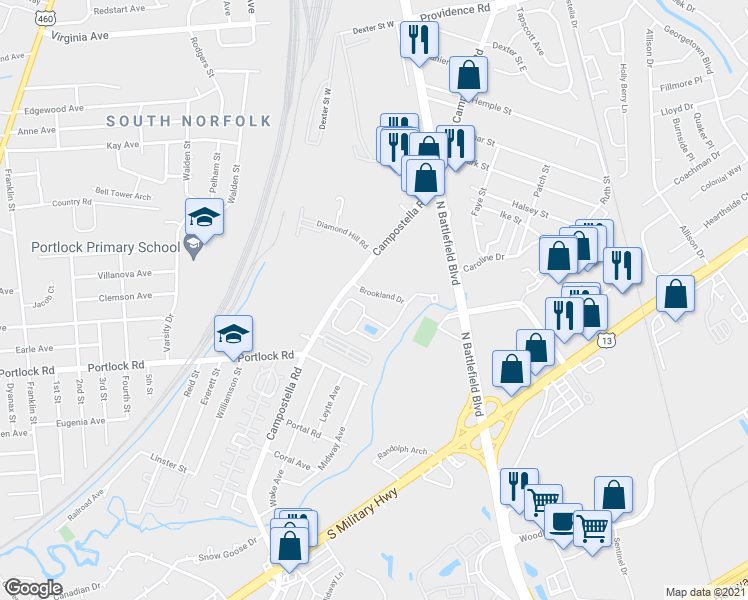 map of restaurants, bars, coffee shops, grocery stores, and more near 2011 Brookland Drive in Chesapeake