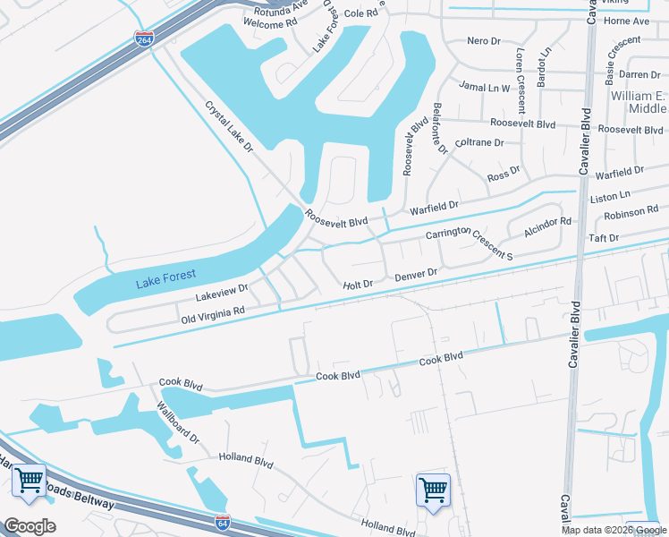 map of restaurants, bars, coffee shops, grocery stores, and more near 1426 Holt Drive in Portsmouth