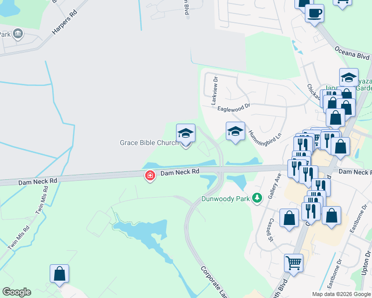 map of restaurants, bars, coffee shops, grocery stores, and more near 1597 Corporate Landing Parkway in Virginia Beach