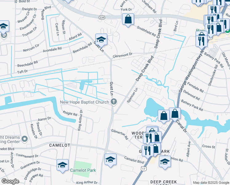 map of restaurants, bars, coffee shops, grocery stores, and more near 2725 Thomas Street in Chesapeake