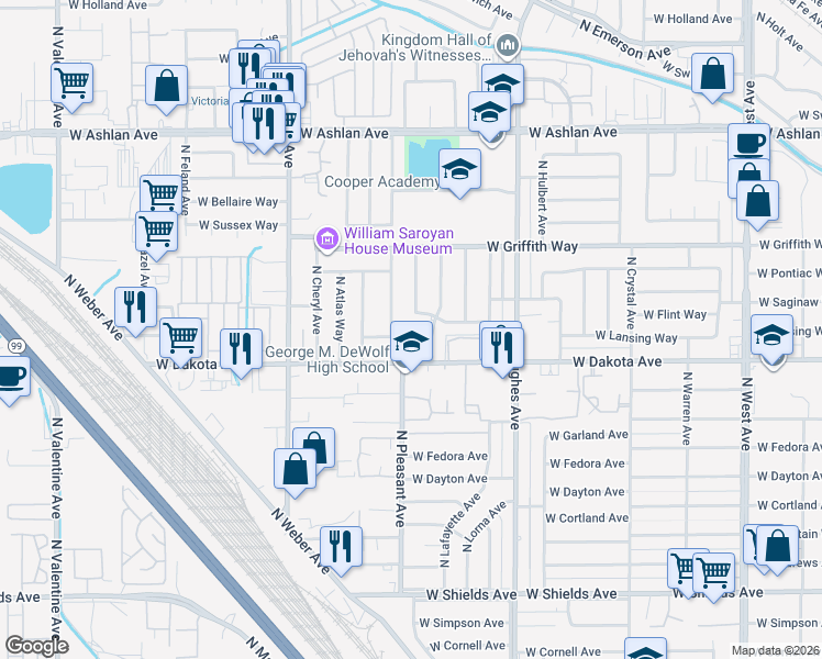map of restaurants, bars, coffee shops, grocery stores, and more near 2436 West Lansing Way in Fresno