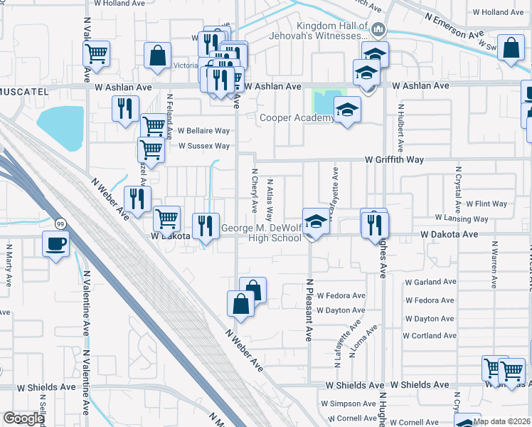 map of restaurants, bars, coffee shops, grocery stores, and more near 3857 North Atlas Way in Fresno