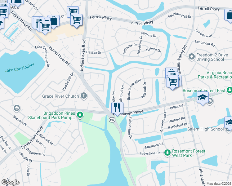 map of restaurants, bars, coffee shops, grocery stores, and more near 4977 Rugby Road in Virginia Beach
