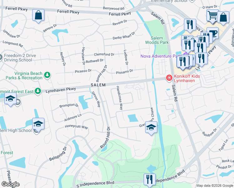 map of restaurants, bars, coffee shops, grocery stores, and more near 1613 Handcross Way in Virginia Beach
