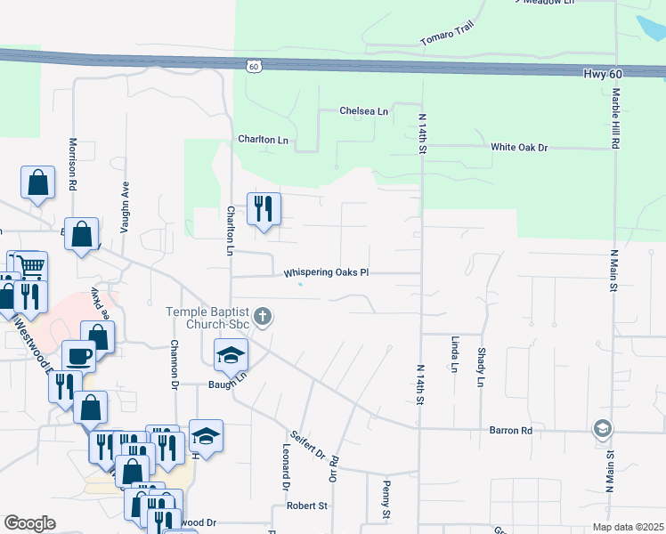 map of restaurants, bars, coffee shops, grocery stores, and more near 1701 Whispering Oaks Place in Poplar Bluff