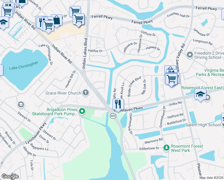map of restaurants, bars, coffee shops, grocery stores, and more near 4977 Rugby Road in Virginia Beach