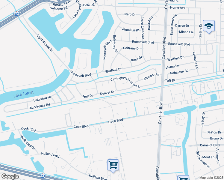 map of restaurants, bars, coffee shops, grocery stores, and more near 1302 Denver Drive in Portsmouth