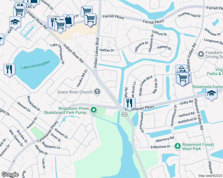 map of restaurants, bars, coffee shops, grocery stores, and more near 5215 Stockton Drive in Virginia Beach