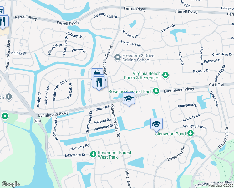 map of restaurants, bars, coffee shops, grocery stores, and more near 1642 High Plains Drive in Virginia Beach