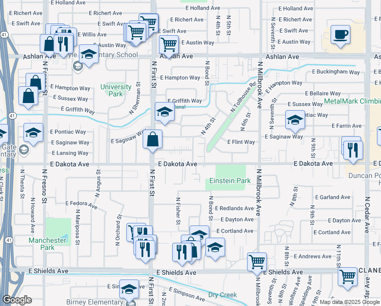 map of restaurants, bars, coffee shops, grocery stores, and more near 3344 East Lansing Way in Fresno