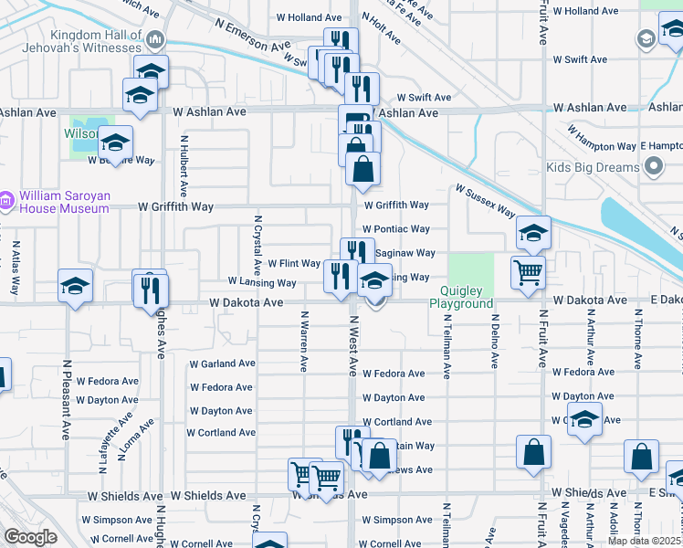 map of restaurants, bars, coffee shops, grocery stores, and more near 3854 North Manor Avenue in Fresno