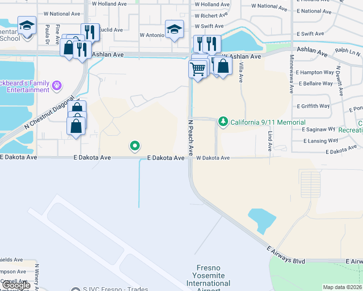 map of restaurants, bars, coffee shops, grocery stores, and more near 5105-5171 East Dakota Avenue in Fresno