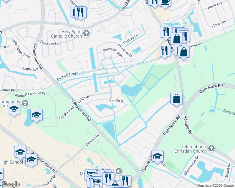 map of restaurants, bars, coffee shops, grocery stores, and more near 1609 Dartmoor Court in Virginia Beach