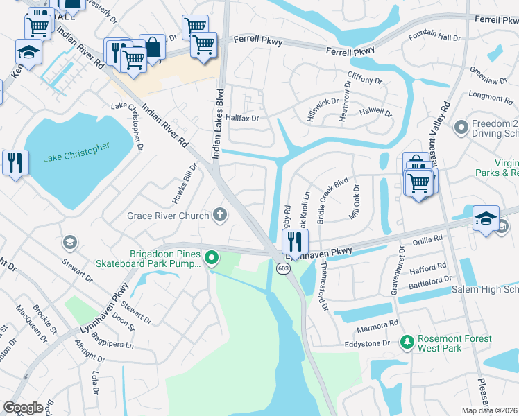 map of restaurants, bars, coffee shops, grocery stores, and more near 5122 Settlers Park Drive in Virginia Beach
