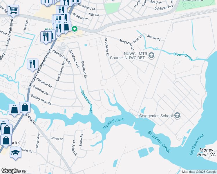 map of restaurants, bars, coffee shops, grocery stores, and more near 2020 Cherry Lane in Chesapeake