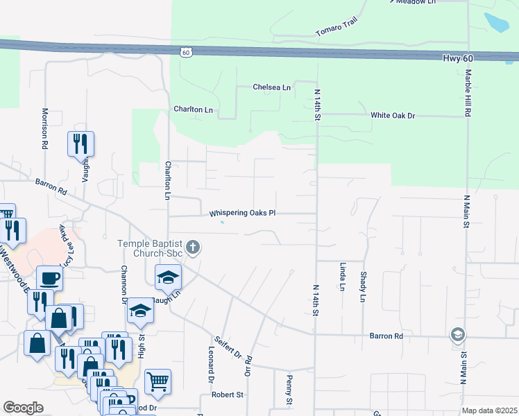 map of restaurants, bars, coffee shops, grocery stores, and more near 1701 Whispering Oaks Place in Poplar Bluff