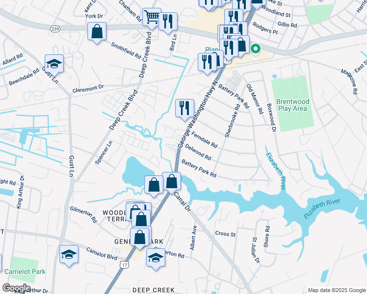 map of restaurants, bars, coffee shops, grocery stores, and more near 1249 George Washington Highway North in Chesapeake