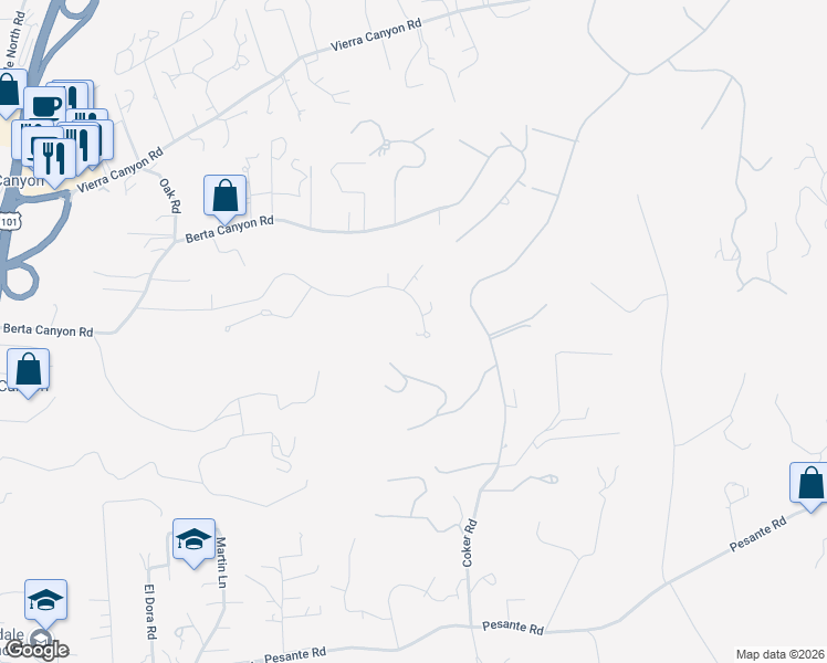 map of restaurants, bars, coffee shops, grocery stores, and more near 18540 Berta Ridge Place in Salinas