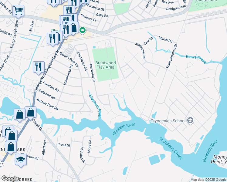 map of restaurants, bars, coffee shops, grocery stores, and more near 2020 Cherry Lane in Chesapeake