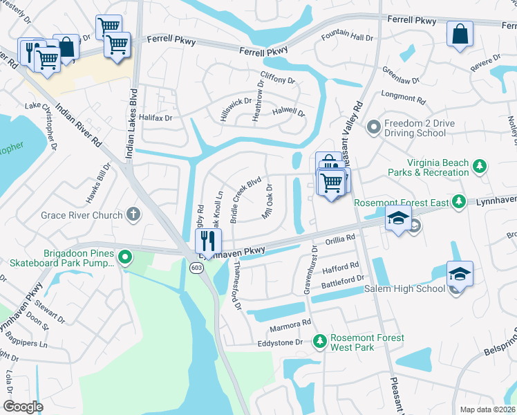 map of restaurants, bars, coffee shops, grocery stores, and more near 1609 Sweet Bay Court in Virginia Beach