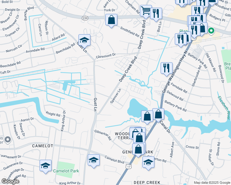 map of restaurants, bars, coffee shops, grocery stores, and more near 1401 Deep Creek Boulevard in Chesapeake