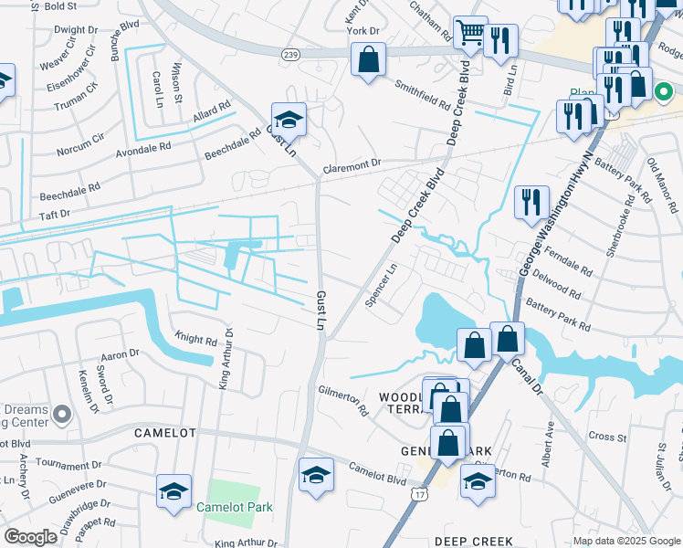 map of restaurants, bars, coffee shops, grocery stores, and more near 2716 Thomas St in Chesapeake