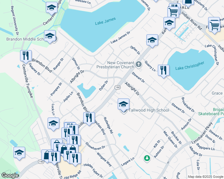 map of restaurants, bars, coffee shops, grocery stores, and more near 1664 Guthrie Street in Virginia Beach