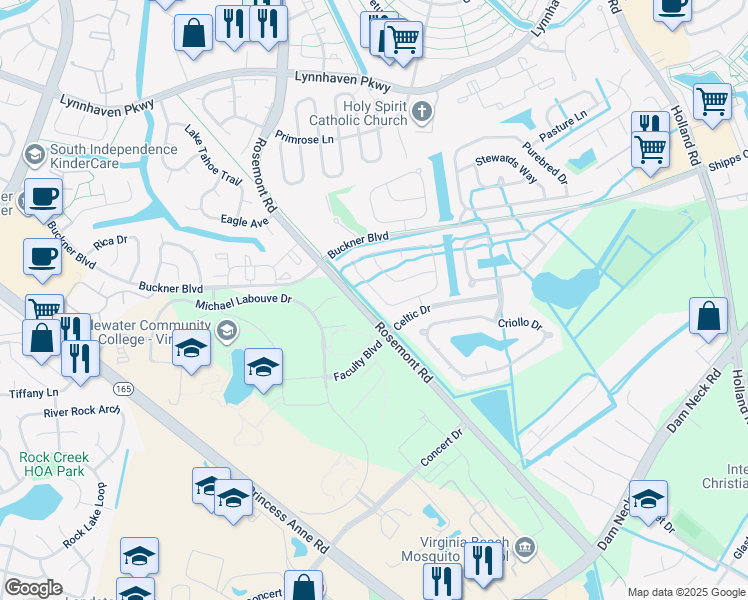 map of restaurants, bars, coffee shops, grocery stores, and more near 3545 Light Horse Loop in Virginia Beach